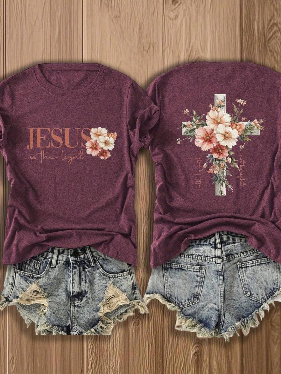 Jesus Flower Cross Double-Sided Printed T-Shirt-Fashion Belief Design Is Suitable For Casual Wear, Very Suitable For Christian Women, Fashionable And Comfortable Cotton Blended T-Shirt, Double-Sided Printed Flowers. - 玫紅色 - 查看 1