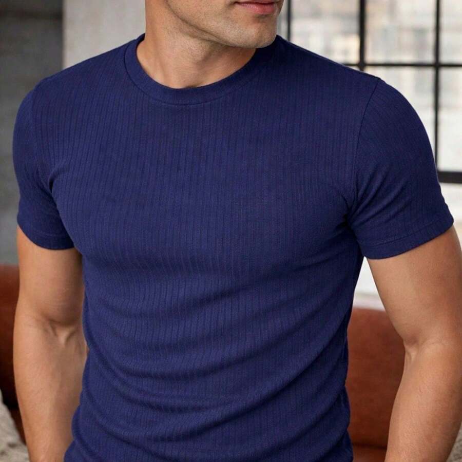 Men's Ribbed T-Shirt, Textured Shirt With Elastane - Blue - View 1