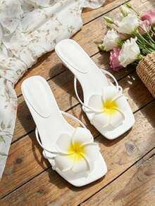 Women's Fashion Casual Square Toe Slip-On Sandals With 3D Flower PU Straps, Comfortable Lightweight Summer White Sandals, Paired With Chicken Flower Kitten Heel Sandals - White With Frangipani - View 5