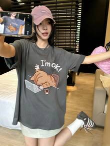 Women's Loose Fit Round Neck Short Sleeve T-Shirt With Cartoon Cat & Letter Print, Spring/Summer - Dark Grey - View 2