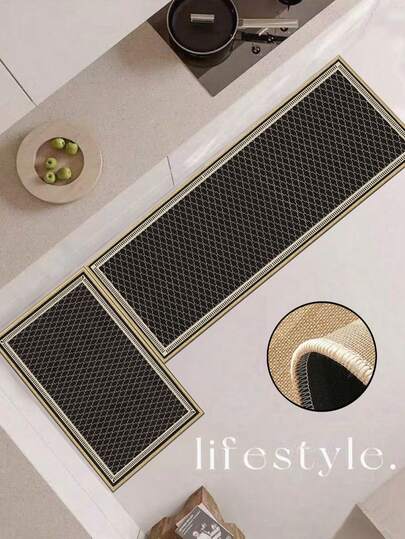 1pc Soft Rubber Linen Kitchen Mat, 3.5mm Thick Kitchen Rug, Classic Black And White Color Scheme, Continuous Four-Leaf Clover Pattern In The Center Area, Neat Striped Border Surrounding The Edge