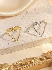 两件套不锈钢简约金银心形开口戒指，适合女士日常佩戴或作为礼物 - 彩色 - 查看 3