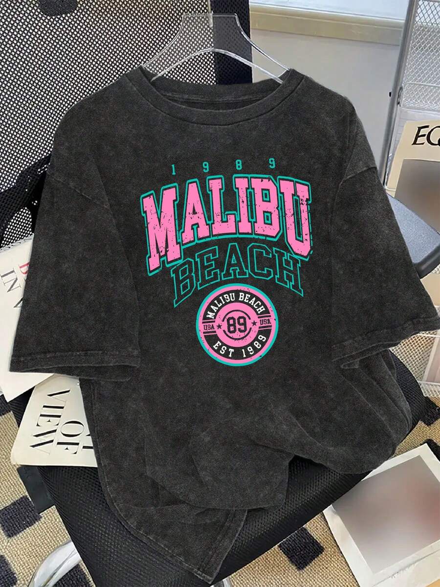 Plus-Size Elegant Letter-Printed T-Shirt. Vintage Washed T-Shirt. Easily Create A Casual Look. Suitable For Daily Commuting, Casual Outings, And Everyday Wear. Classic Retro-Style Women's Anti-Wrinkle Washed Cotton T-Shirt - màu đen - Xem 1