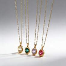 Retro Oval Green Crystal Pendant Necklace | Stainless Steel Gold Tone Waterproof Tarnish Resistant Jewelry For Women - Gold - View 4