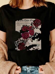 女士趣味玫瑰报纸印花T恤，韩版复古休闲通勤百搭Y2K风格，街头时尚小众朋克摇滚图案T恤，可机洗短袖T恤 - 黑色 - 查看 3