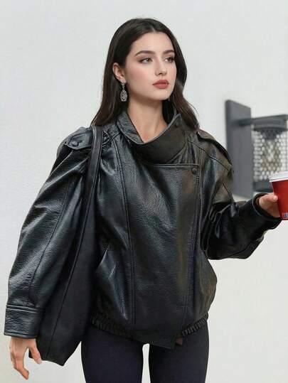 Women's Fashionable Street-Style Black Leather Jacket, New Autumn/Winter Long Sleeve Motorcycle Jacket