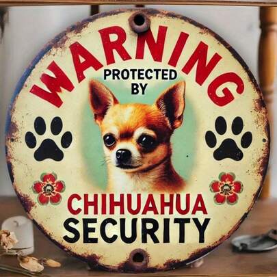 1pc Vintage Chihuahua Guard Warning Sign, 19.81x19.81cm Iron Wall Hanging, Classic Style Decor Board, Weather-Resistant HD Printing, Suitable For Entrance, Home, Office, Kitchen, Party Decoration, Holiday Gift, Random Hole Position