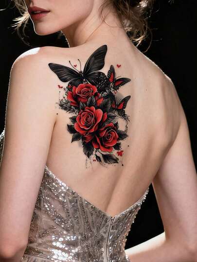 STARTTOOS 大型花卉手臂纹身贴纸 - 黑红蝴蝶玫瑰图案临时假纹身，适合DIY、动漫节、狂欢节、音乐节、情人节、派对节日礼物，性感大腿、胸部、腹部、背部、肩膀、颈部、锁骨等身体部位，防水逼真纹身贴纸