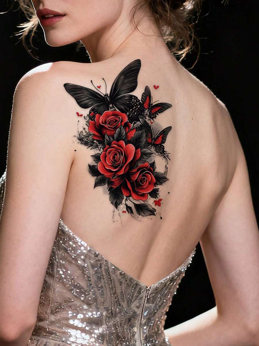 STARTTOOS Black & Red Butterfly Rose Pattern Large Arm Tattoo Sticker, Sexy DIY Tattoo For Carnival, Music Festival, Valentine's Day, Party, Waterproof Realistic Tattoo Sticker For Thigh, Chest, Abdomen, Back
