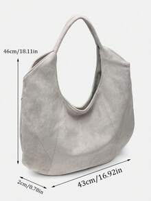 Women's Handbag, Gray, Vintage Large Capacity Tote Bag, Suede Handbag, Solid Color Patchwork Design, Western Style, Large Capacity Lightweight Handbag, Women's Shoulder Bag, Commuter Bag, PU Leather - Light Grey - View 3