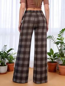 Pantalones casuales de pierna ancha con cordón a cuadros para mujer, de poliéster elástico y largo - marrón - Ver 3