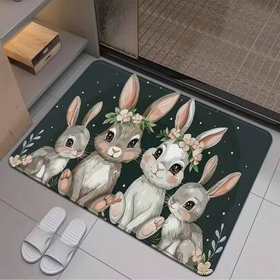 1 pezzo Zerbino con disegno di coniglio su sfondo nero, leggero, lavabile in lavatrice, tappeto di benvenuto in poliestere, adatto per soggiorno, ingresso, decorazione pasquale, regalo di Pasqua - rettangolare, tappetino decorativo realizzato a macchina, tappetino da bagno, tappeto da bagno, zerbino da ingresso, piccolo tappeto, tappeto, tappetino per pavimento, decorazione per la casa, tappeto d'area, tappetino da esterno, decorazione per la casa, tappeto d'area, tappeto da camera da letto, tappeto lavabile