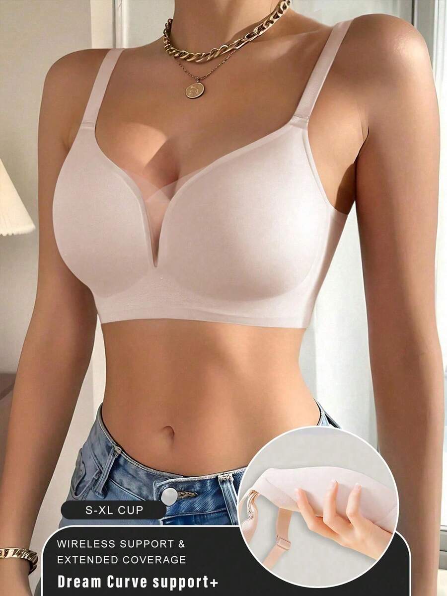 1pc Solid Color Seamless Mesh Patchwork Adjustable Non-Removable Padded Wire-Free Bra, Casual Comfortable