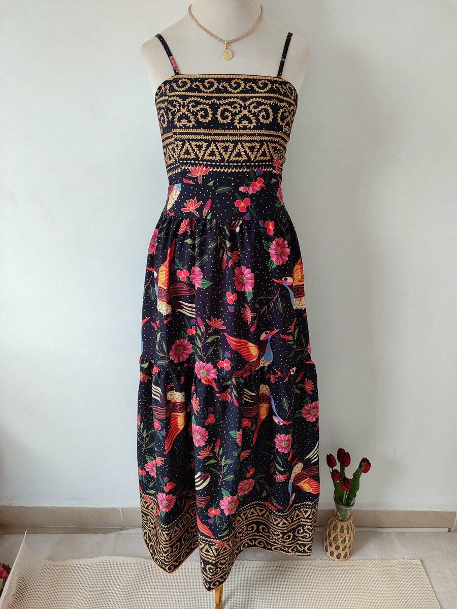 Women's Long Printed Dress With Built-In Bra Cups, Crepe Fabric. - Negro - Ver 1