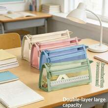 1pc Transparent Thick Mesh Double-Layer Pencil Case, Extra Large Capacity Easily Fits All Exam Stationery - Single Piece - View 12