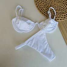 Bikini Top With Underwire Support + Thong Bikini Bottom With Tan Line Effect + Textured Polyamide Supplex Fabric -  Bikini - trắng - Xem 6