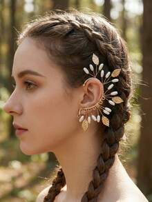 1pair Fairycore Leaf & Faux Pearl Decor Ear Cuffs, Gold Tone Filigree Elf Ear Clips For Women No Piercing Required, Elegant Gold Leaf Wrapping Ear Crawler Hook Earrings, Boho Bridal Wedding Party Jewelry For Brides & Cosplay,Summer,Jewellery,Festival,Accessories - Gold - View 4