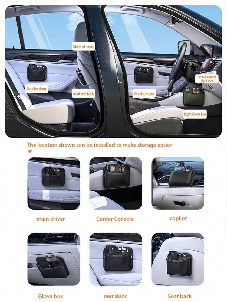 1pc Leather Car Storage Bag, Adhesive Car Phone Holder Organizer Pouch - Black-3096 - View 5