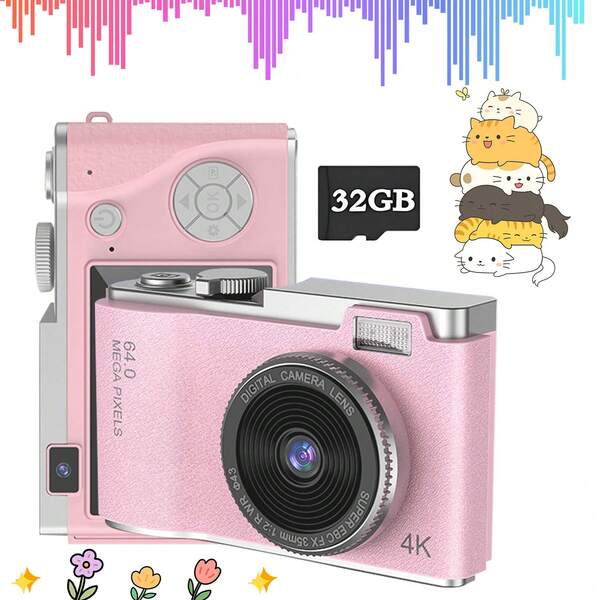 儿童高清数码相机，4800万像素，数码变焦，便携旅行，清晰捕捉户外乐趣生活，附赠32GB存储卡，是3-12岁男孩女孩的完美节日生日礼物。