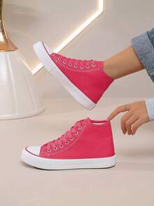 Unisex Simple Fashion Flat Basic Black & White High-Top Canvas Shoes - Dragon Fruit Red - View 2