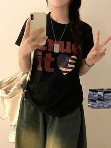 Japanese Style Women Summer Loose Round Neck Short Sleeve T-Shirt With Letter & Heart Print Casual - Black - View 1