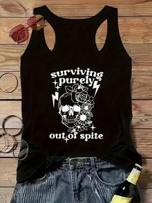 - Women'S "Surviving Purely Out Of Spite" Graphic Tank Top - Black Sleeveless Casual Tee With Skull & Roses Design, Medium Stretch, Perfect For Weekend Wear, Relaxed Outing Attire | Edgy | Comfortable FitDressy For Sport Lovers Tank,(Multiple Sizes Available)  Women'S Graphic Tank Top - Sleeveless Shirt  Casual Summer & Spring Top Casual Summer Wear | Playful Design | Breathable Fabric, Cute Tank Top,Funny Tank Top - 黑色 - 查看 1