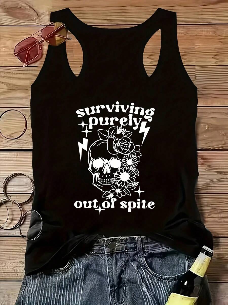 - Women'S "Surviving Purely Out Of Spite" Graphic Tank Top - Black Sleeveless Casual Tee With Skull & Roses Design, Medium Stretch, Perfect For Weekend Wear, Relaxed Outing Attire | Edgy | Comfortable FitDressy For Sport Lovers Tank,(Multiple Sizes Available)  Women'S Graphic Tank Top - Sleeveless Shirt  Casual Summer & Spring Top Casual Summer Wear | Playful Design | Breathable Fabric, Cute Tank Top,Funny Tank Top - 黑色 - 查看 1