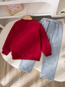 Girls Casual Solid Color Bow Decor Long Sleeve Top And Pants 2 Pieces Set, Regular Fit, Suitable For Spring And Autumn - Burgundy - View 2