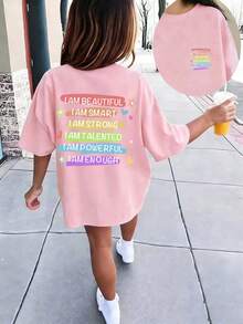 Tween Girls' Casual Funny Print Crew Neck Short Sleeve T-Shirt, Summer Top - Pink - View 3