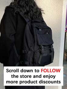 Mochila de estilo minimalista y casual clásico, diseño de unicolor, versátil y de moda, gran capacidad con múltiples bolsillos, correa para el hombro ajustable, adecuada para deportes al aire libre, viajes, ir al trabajo, estudiantes, compras y otras ocasiones, un bolso escolar ideal. - Negro - Ver 2