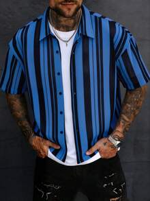 Men's Single-Breasted Casual Commuter Striped Short Sleeve Shirt - Blue - View 2