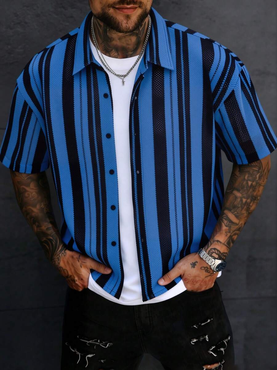 Men's Single-Breasted Casual Commuter Striped Short Sleeve Shirt - Blue - View 1