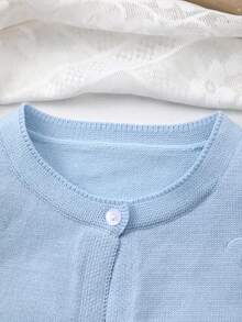 Girls' All-Season Solid Color Knit Elegant Round Neck Single Button Leaf & Bow Embroidery Pattern Knit Cardigan Shawl, Suitable For Outings And Gatherings - Baby Blue - View 3