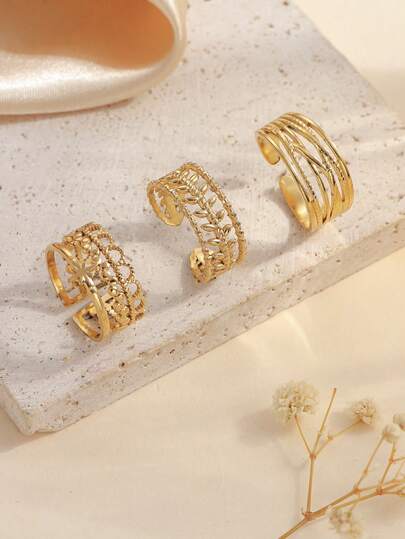 Set de 3 anillos abiertos de acero inoxidable de color dorado casual, adecuados para uso diario de mujeres o como regalo