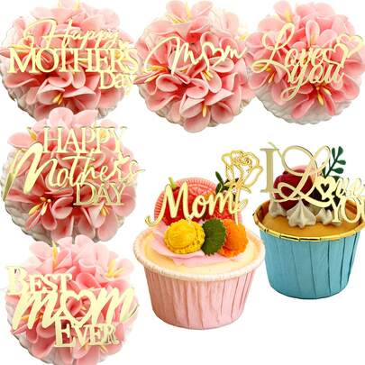 5 件迷你尺寸母亲节快乐我爱你妈妈金色镜面亚克力纸杯蛋糕装饰插牌甜点装饰