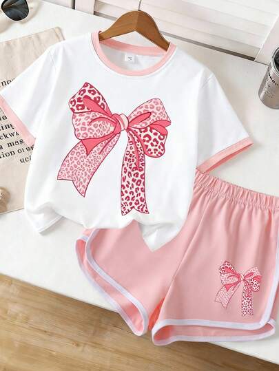 2pcs Girls Bow Print T-Shirt + Shorts Set, Suitable For Summer Wear
