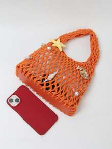 BAILEE 1个涤纶网眼手提包，多色纯色系带编织手提包，菱格纹图案，轻便大容量可爱日式棉布包，适合海滩、户外、旅行、徒步、夏季和冬季使用，是送给女性、学生、教师的绝佳礼物。 - 橘色 - 查看 10