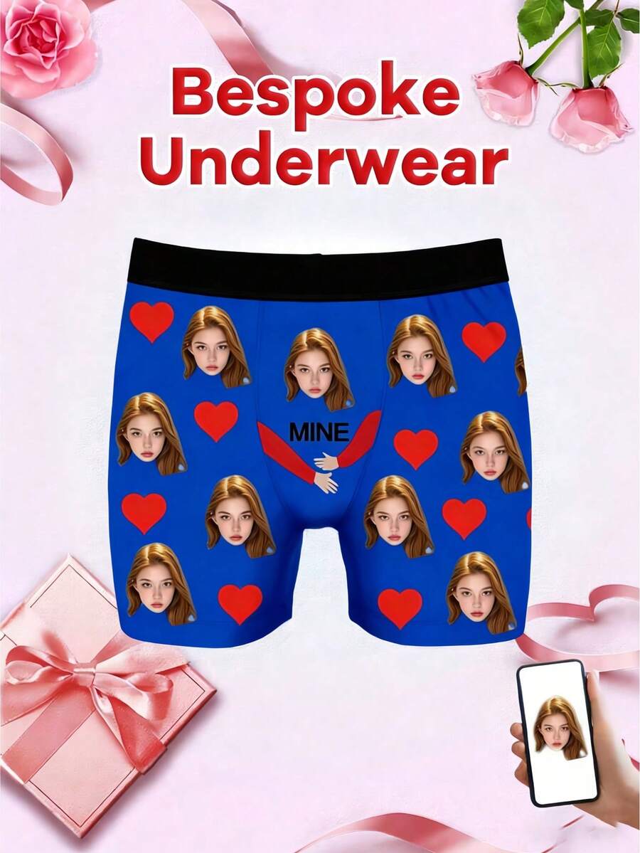 Custom Face Portrait Print Men's Boxer Briefs, No-Roll Waistband Shorts, Personalized Men's Underwear With Custom Image