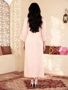 2026 New Style Ramadan Traditional Arabic Women's Elegant Embroidered Dress, JALABIA With Lace Cuffs, V-Neck, Luxurious Graceful Dignified Embroidery Design Kaftan Robe - Dusty Pink - View 10