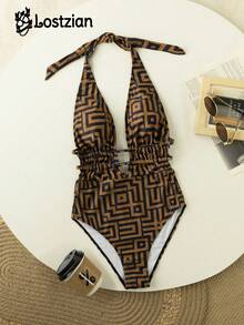 2026 性感优雅女士比基尼泳衣/时尚棕色格子连体泳衣/涤纶格子印花/深V领收褶修身泳衣/宽肩带露背挂脖连体泳衣/海滩度假/泳池派对/情人节/狂欢节/性感休闲装 - 彩色 - 查看 1