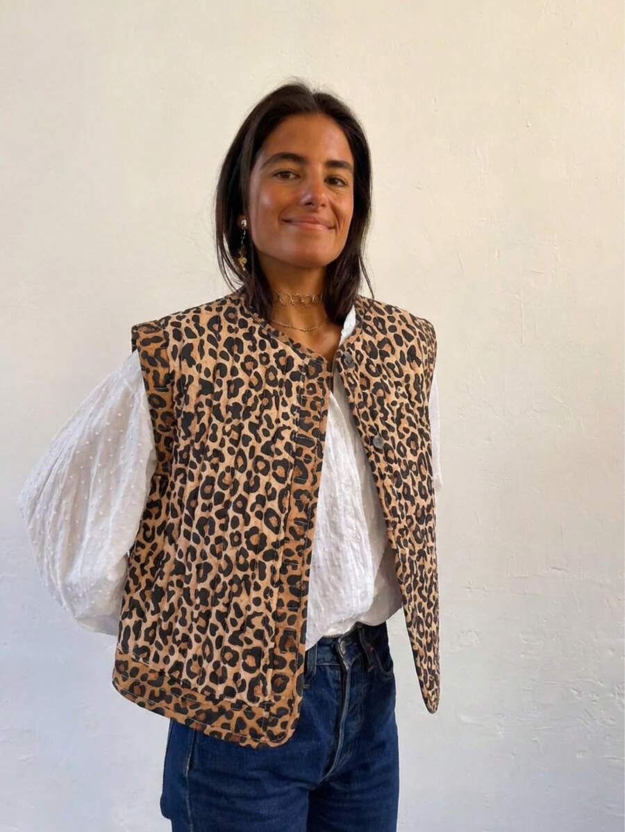 Áo khoác cardigan không tay dáng rộng, thanh lịch, in họa tiết, chần bông dành cho nữ hiệu GMFP, thích hợp cho du lịch, kỳ nghỉ, lễ hội âm nhạc, mùa cưới. - da báo - Xem 1