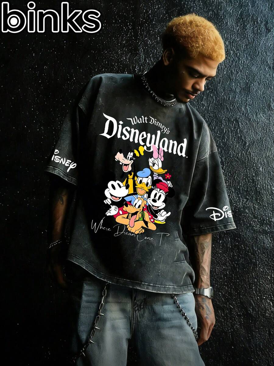 Disney Binks (Double-Sided Printing): Mickey Mouse, Donald Duck, Minnie Mouse Retro Elements Cartoon Printed Retro Washed Short Sleeved T-Shirt, High Street Fashion Brand Loose Retro Washed Short Sleeved T-Shirt. Spring And Summer Fashionable Versatile Top, Holiday Gift, Vintage Print. - 黑色 - 查看 1