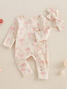 Baby Girls Ribbed Romper Bow Print Zipper Long Sleeves Jumpsuits And Cute Headband Set For Toddler Infant Outfits - Khaki - View 2