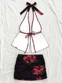 女士个性印花两件套 - 黑红配色，露背上衣，褶皱迷你裙，沙滩风 - 彩色 - 查看 5