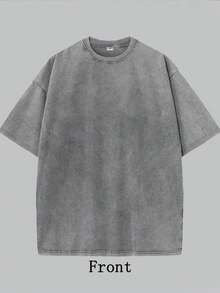 Casual Women's Gray Cotton T-Shirt, Short Drop Shoulder Sleeve, Round Neck, Washed Longline Top - Grey - View 2