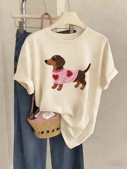 Damska koszulka z krótkim rękawem i okrągłym dekoltem, super luźna góra, top 100% bawełny, miękka i wygodna, na co dzień, streetwear, zabawna animacja kreskówkowa, uroczy nadruk psa, top, verano, topy mujer, camisetas mujer, bluas de mujer, jersey, sudaderas de mujer, ropa mujer, bluas de mujer eleganckies, verano mujer, ropa verano mujer, deporte, topy verano, primavera mujer, koszulki de siłownia mujer, koszulki básicas, koszulki manga corta mujer, primavera verano, romwe, strój festiwalowy mujer, Y2K, jesienna i zimowa koszulka funkcyjna, wakacje, plaża, casual, odzież z lat 90., urocze topy, wielkanocna odzież damska, karnawał, wszystkie pory roku, biuro/salon/dom/sporty na świeżym powietrzu/proste, kobiety z Zachodu, stroje, bluzka morelowa