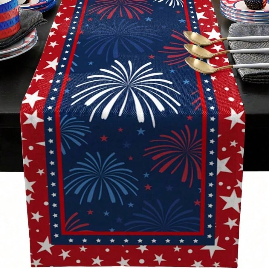 Patriotic 4th Of July Table Runner - Stars & Fireworks Design, Linen Blend, Perfect For Independence Day & Memorial Day Decor, Available In Multiple Sizes (13x48", 13x72", 13x108") - 樣式 1 - 查看 1
