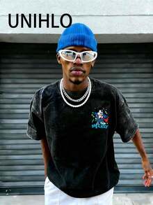 Disney UNIHLO  Mickey   Printed Summer Heavyweight Retro Washed Street Fashion Casual T-Shirt - 黑色 - 查看 4
