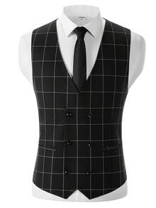 Mens Suit 4 Piece Suit Plaid Double Breasted Formal Business Wedding Prom Suit Male Groom, Blazer+Vest+Pant - Black with Tie - 查看 3
