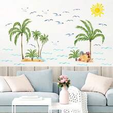 Palm Tree Wall Stickers Large Tropical Coconut Tree Wall Decals Watercolor Sun Seagull Wall Decals Sea Waves Summer Beach Theme Wall Stickers For Bedroom Living Room Decor - 棕櫚樹 - 查看 2